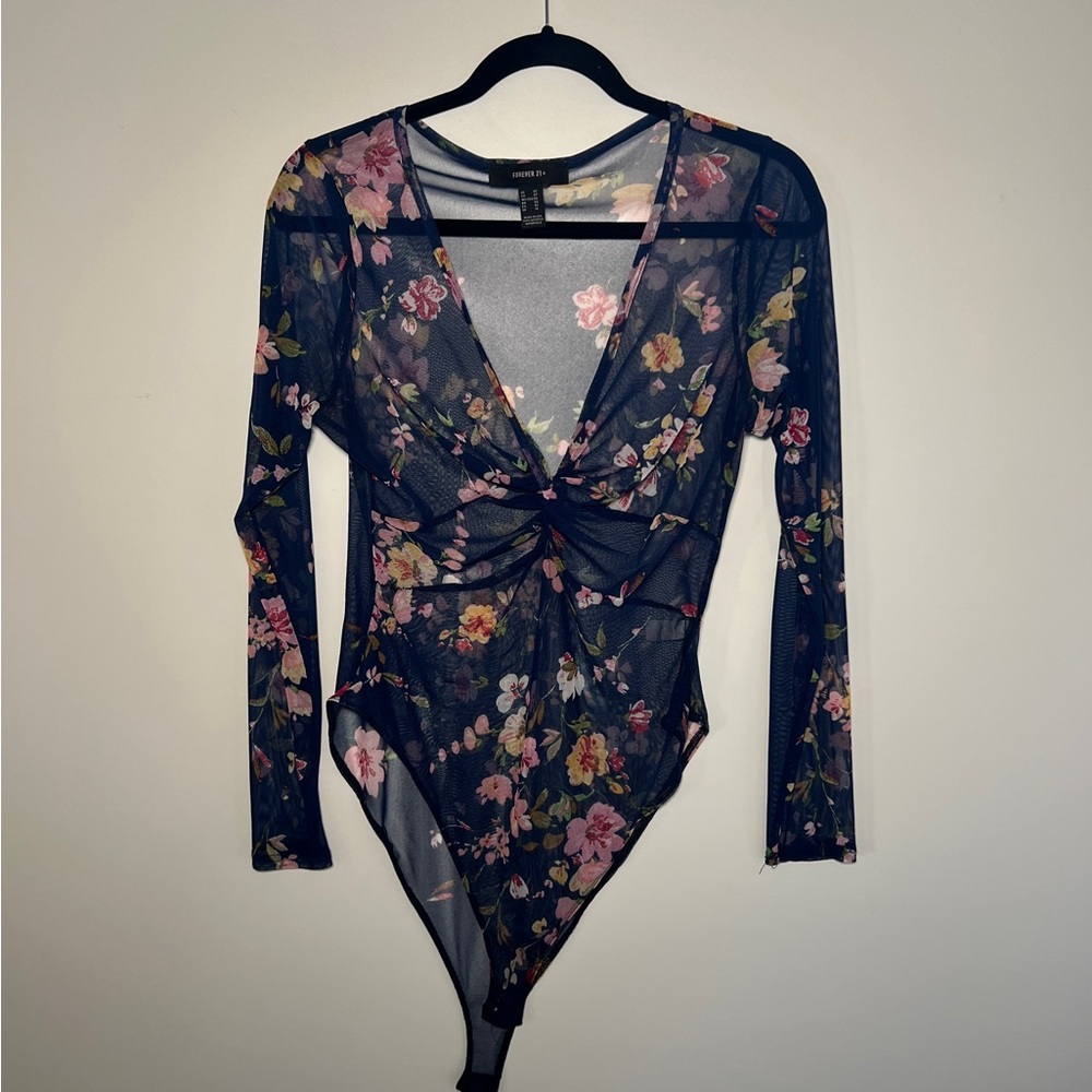 Forever 21 Floral Mesh Bodysuit - Navy and Pink